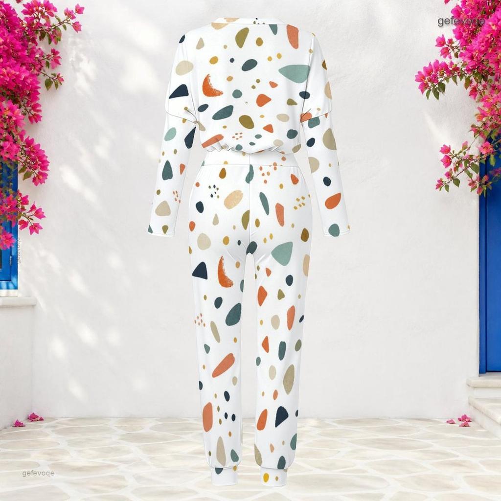 Women Plus Size Geometric Printed Round Neck Long Sleeve Two Piece Set Cuffed Top And Pants With Pockets