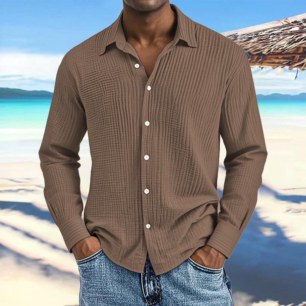 Men's Cotton Shirts Long Sleeve Casual Button Down Textured T-Shirt Loose Vacation Beach Lightweight Topsrt
