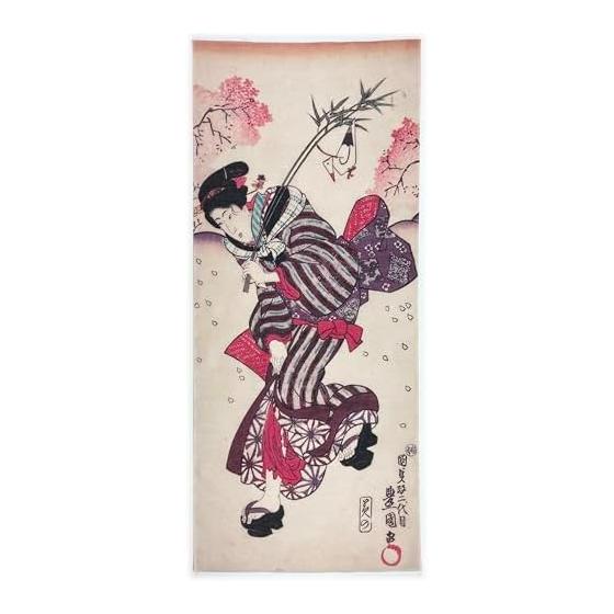 Utagawa Toyokuni Beauty and Cherry Blossoms Ukiyo-e Tenugui (Japanese Hand Towel) - Note. 80x35cm, Made in Japan, 100% Cotton (Tokuoka Fabric)