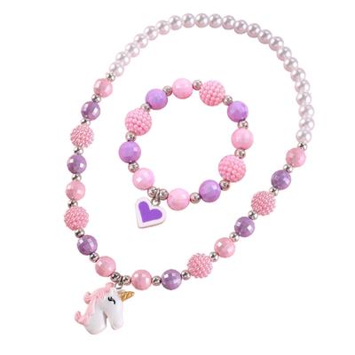 Ensemble Collier Bracelet Licorne 2 Pièces Pendentif Résine+Perles Acryliques Perles pour Enfants Européen Américain Animal Dessin Animé Bijoux pour Filles