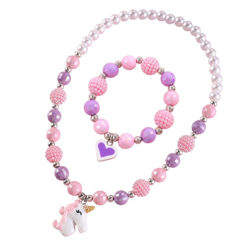 

2Pcs Unicorn Necklace Bracelet Set Resin Pendant+Acrylic Children Beads European American Animal Cartoon Girls Jewelry 1
