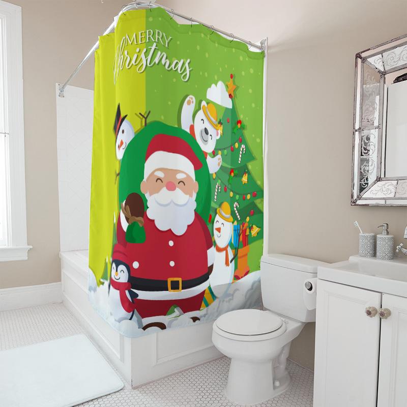 TU Weihnachtsduschvorhang mit Weihnachtsmann, Rentier und festlicher Badezimmerdekoration – wasserdichter Stoffhintergrund
