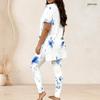 Women Plus Size Two Piece Coordinate Crew Neck Short Sleeve Blouse Long Trousers