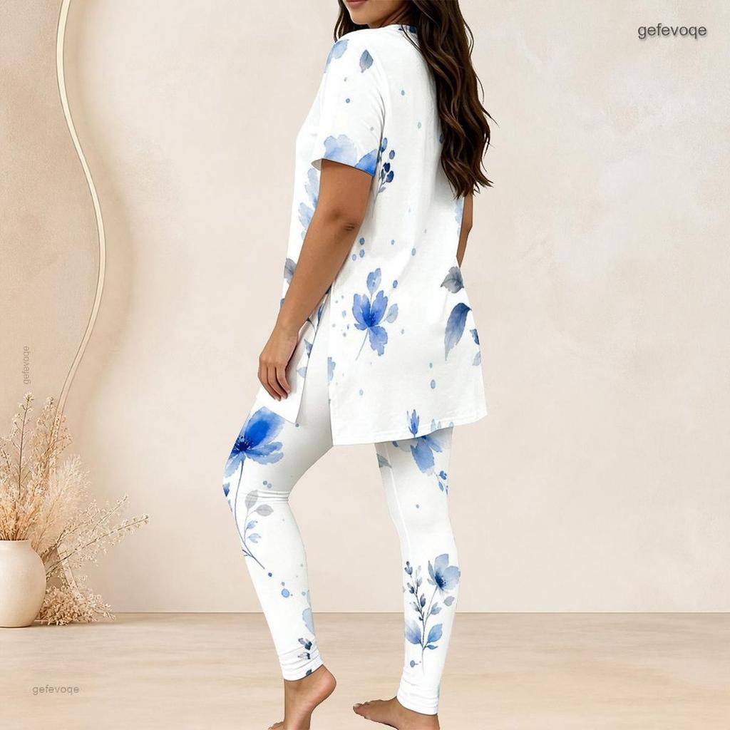 Women Plus Size Two Piece Coordinate Crew Neck Short Sleeve Blouse Long Trousers