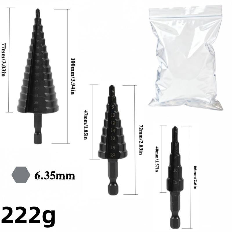 Hex Shank Nitrided Black HSS Step Drill Bit Set (3-12, 4-12, 4-20mm)