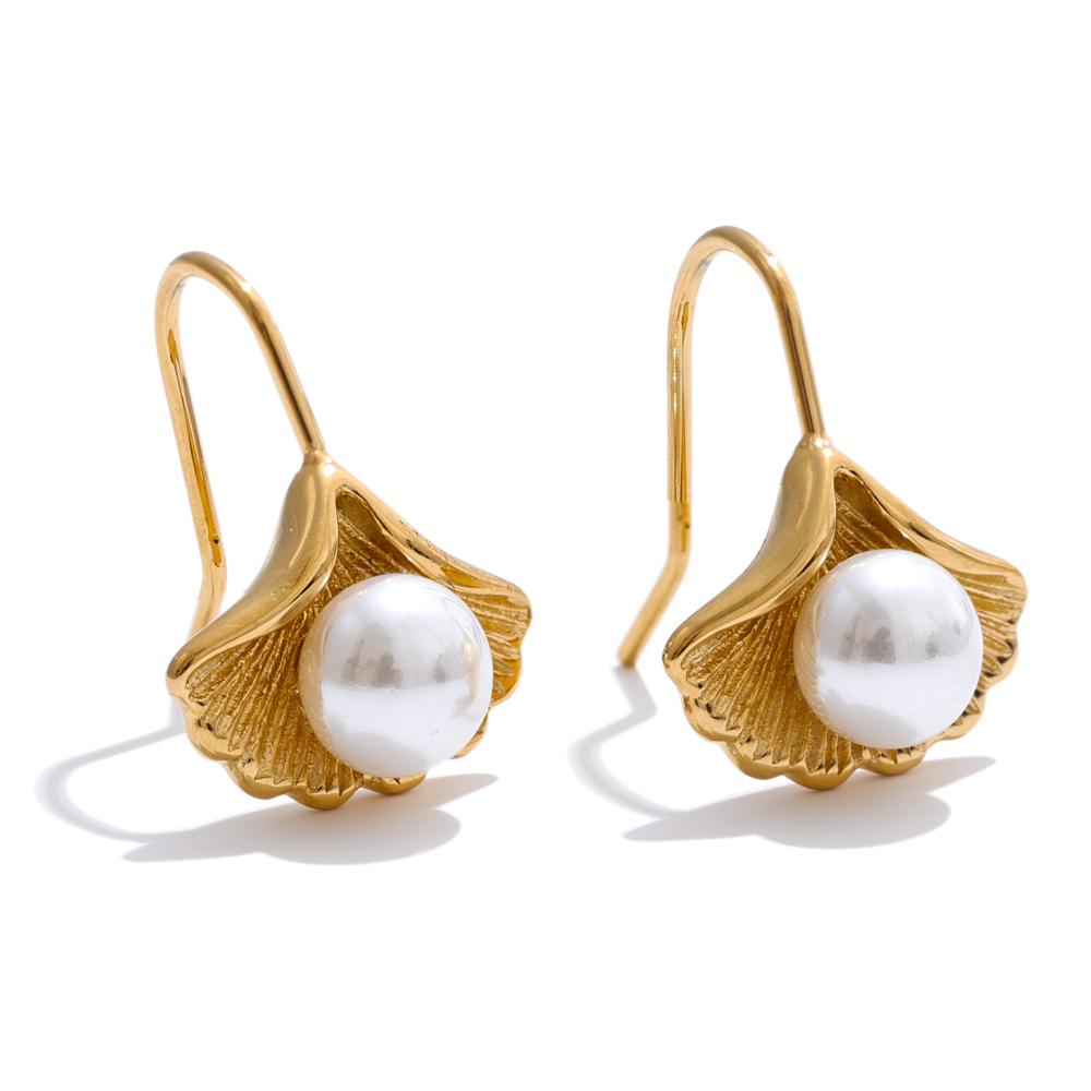 

Eetit 2025 Серьги из нержавеющей стали с имитацией жемчуга и листьями гинкго билоба, Не ржавеющий металл, Шикарные, Модные украшения, Оптовая продажа, Подарок золотой