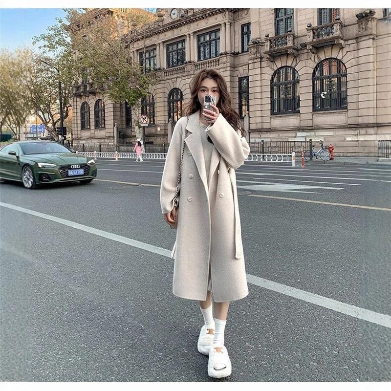 Damen Doppelreihiger Langer Wollmischung Trenchcoat Reverskragen Locker Warm Winter Oberbekleidung Übermantel