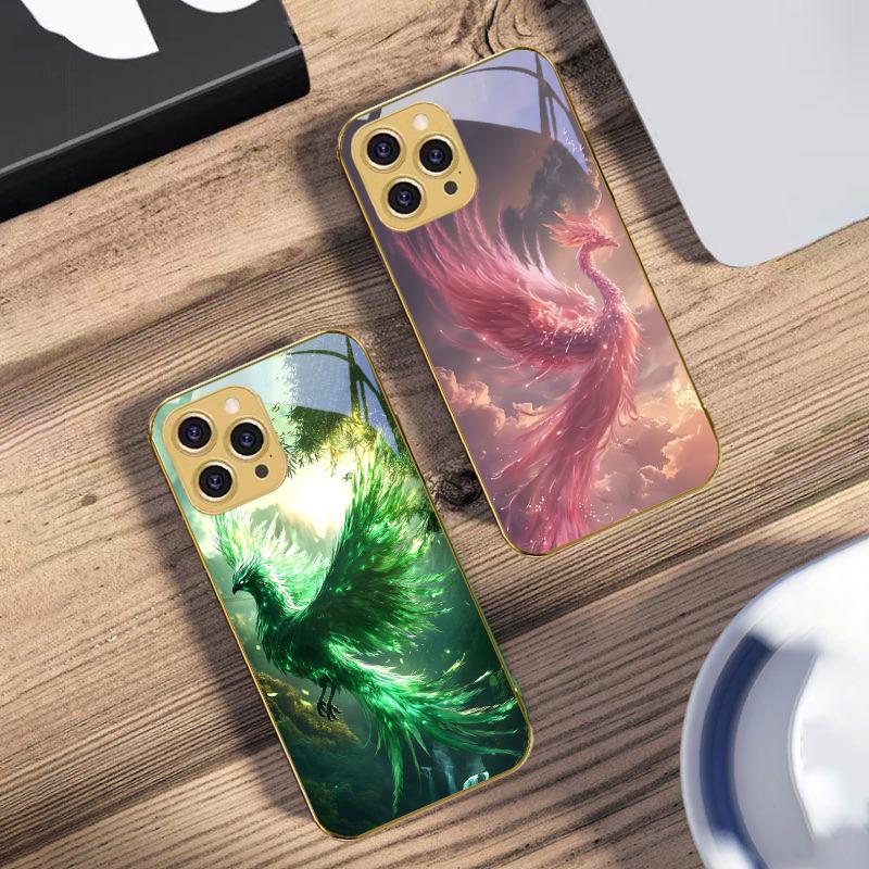 Złoty Feniks Rozwijający się Dla IPhone 16 Pro Max 15 P Ro 14 13 Plus 12 Mini 11Pro Max XS Max XR Złote Hartowane Szkło Etui na Telefon