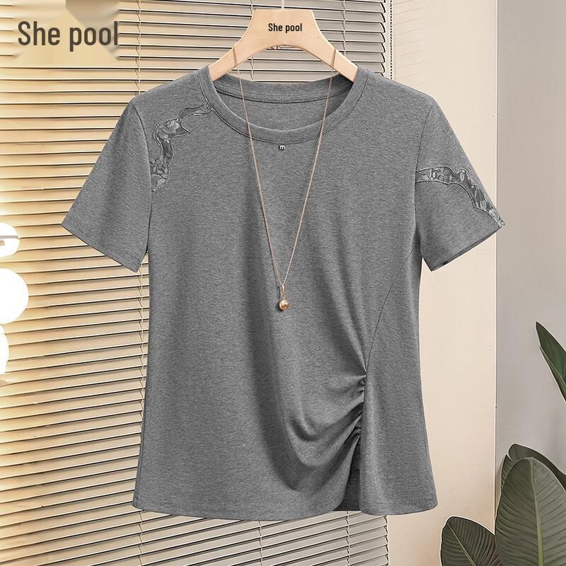 Shechi Women s Hollow-Out Pleated Short Sleeve T-Shirt XL