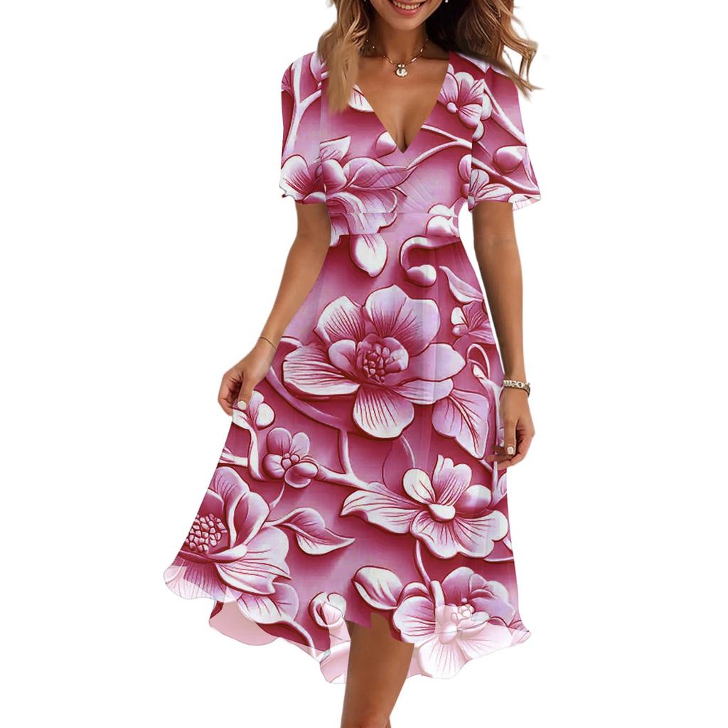 Women's Fashion Casual V-Neck Short Sleeve Floral Print Dress