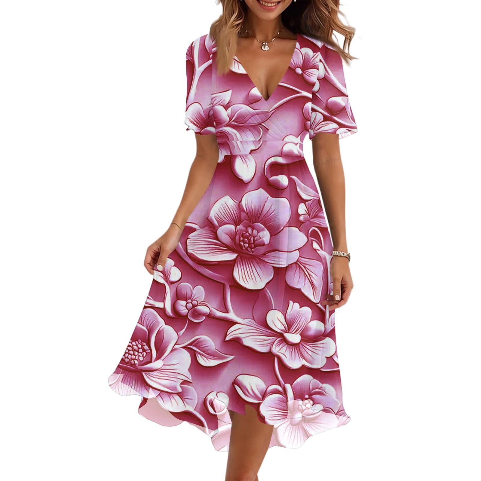 

Женское модное повседневное платье с V-образным вырезом, короткими рукавами и цветочным принтом XL