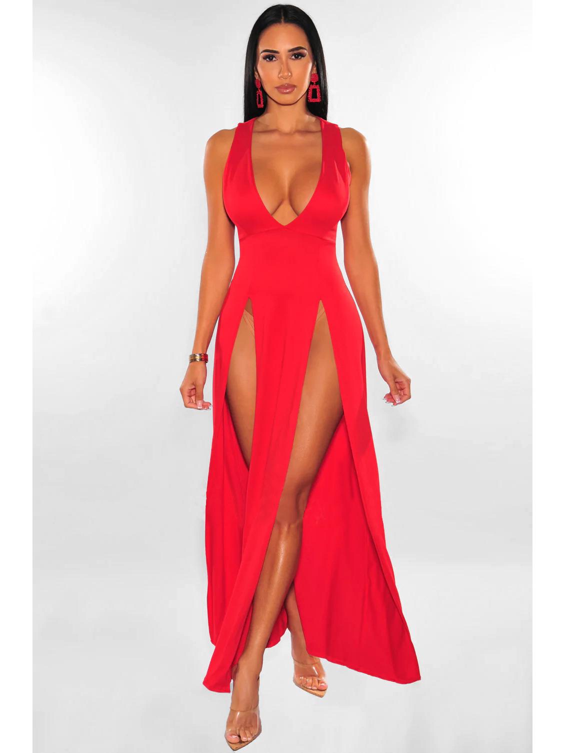 

2023 Summer Multi-Color Deep V Slit Bandage Dress - Women s Long Dress for Nightclubs M червоний