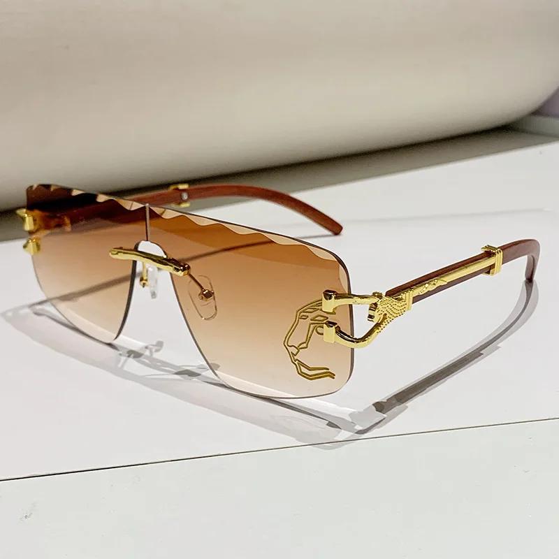 Popular Vintage Wave Rimless Sunglasses Women For Men Sun Glasses Punk Luxury Brand Designer Pink Gold Leopard Shades Uv400