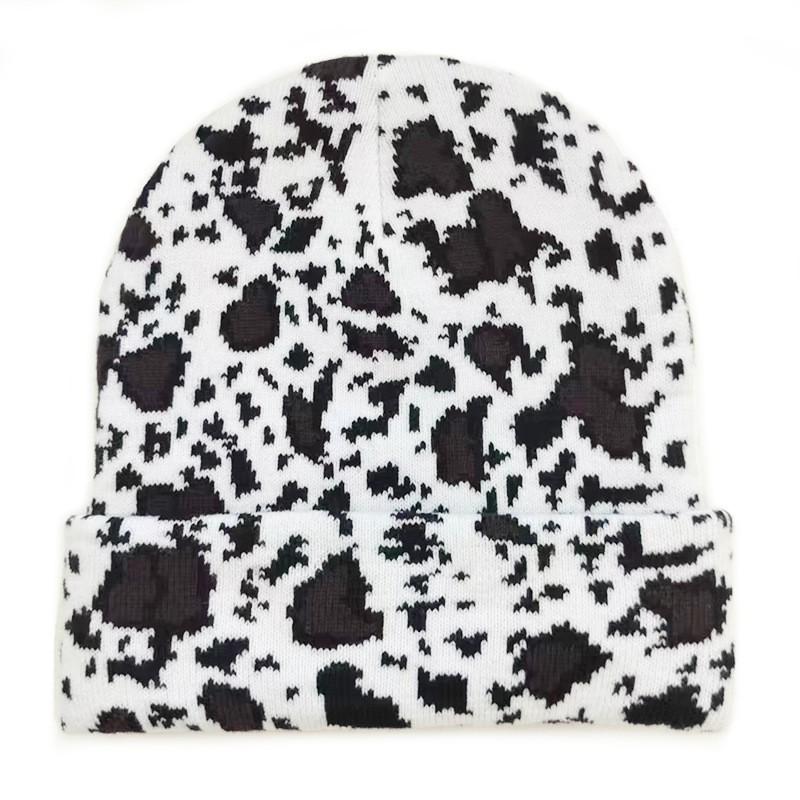 Versatile Cow Jacquard Knit Beanie Black White Warm Windproof Winter Hat