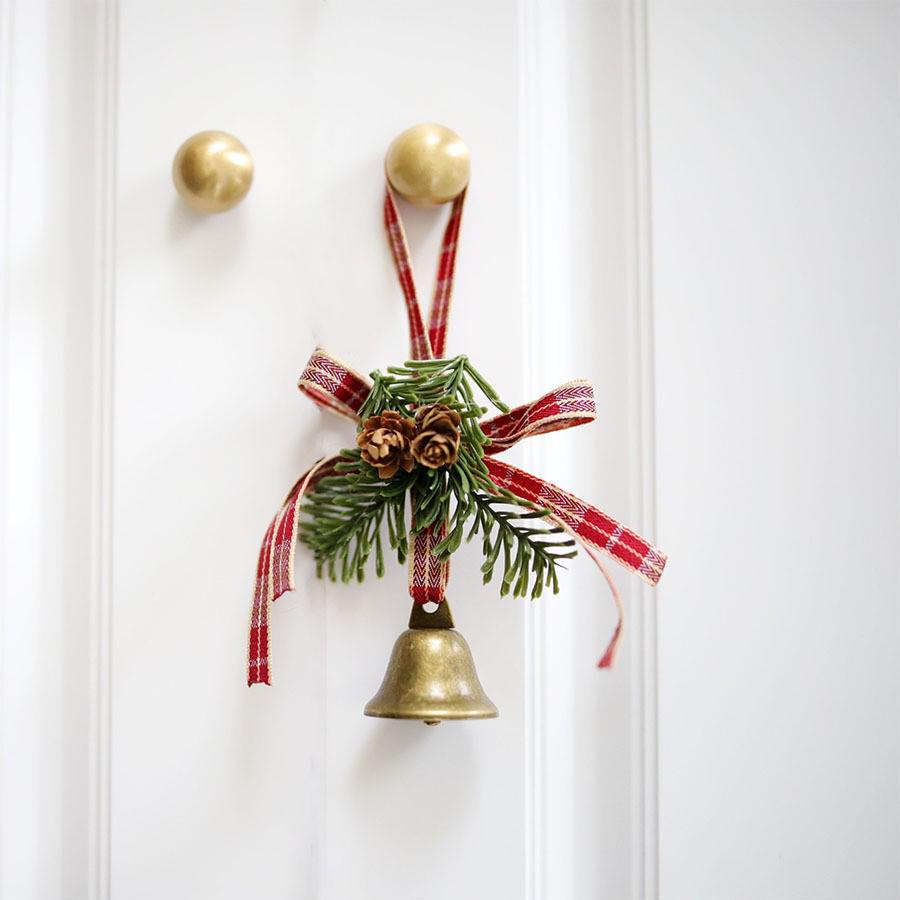 Christmas Bell Pendant with Velvet Bow and Pine Cone Tree Decoration
