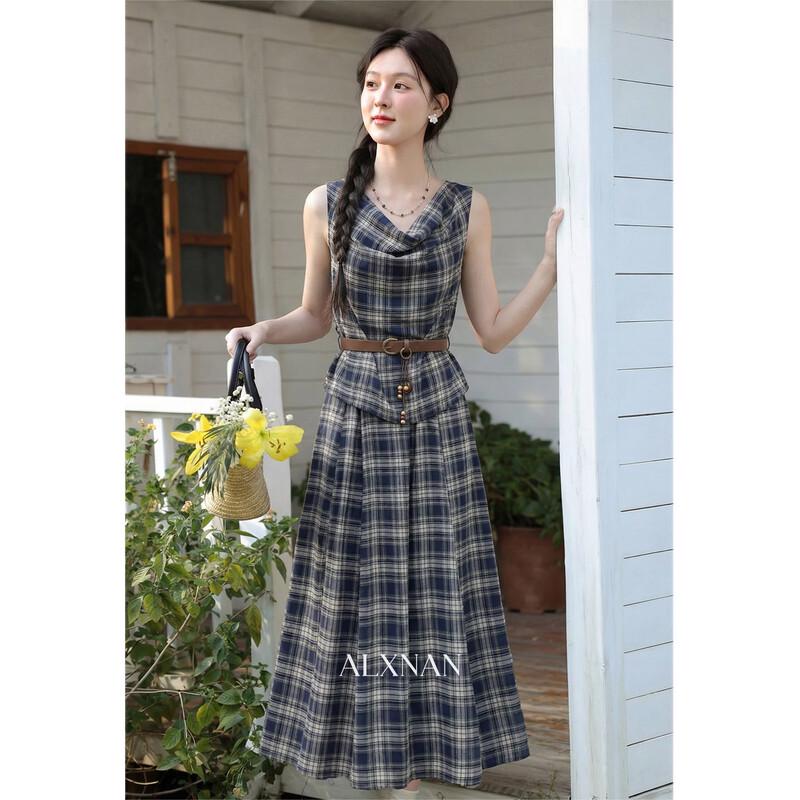 Lu Xiangnan French Retro Blue Plaid Sleeveless Dress