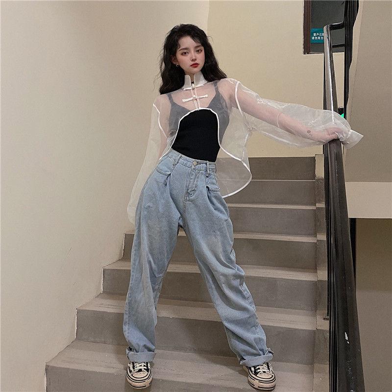 Women's Trendy Frog Button Mesh Cardigan: Slimming, Artistic Retro Long Sleeve Sun Protection Outerwear