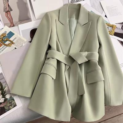 Women Suit Coat Turn-down Collar Formal Business Style Slim Fit Pure Color Belted Waist Long Sleeve Fake Pockets Turn-down Collar OL Commute