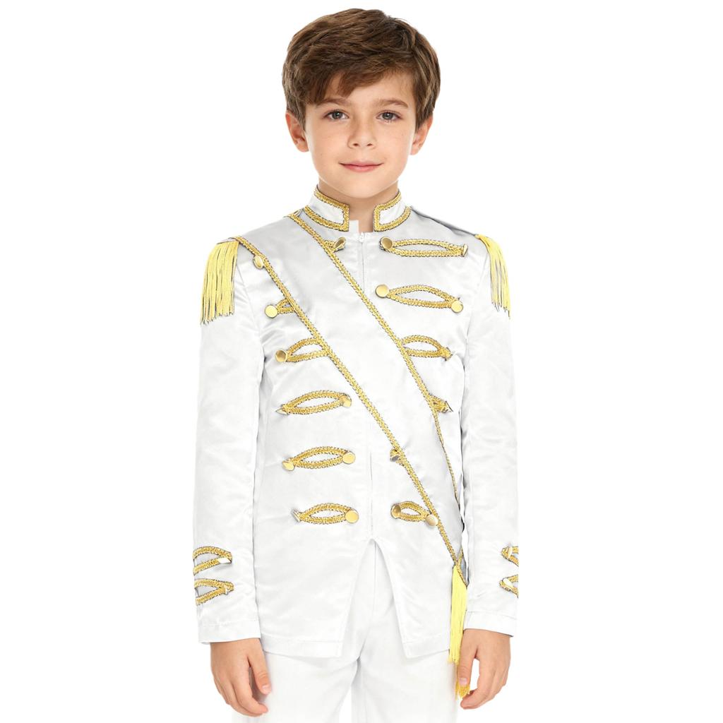 Kids Circus Ringmaster Jacket Long Sleeve Zip Up Tassel Golden Braided Tape Major Uniform Costume Sash