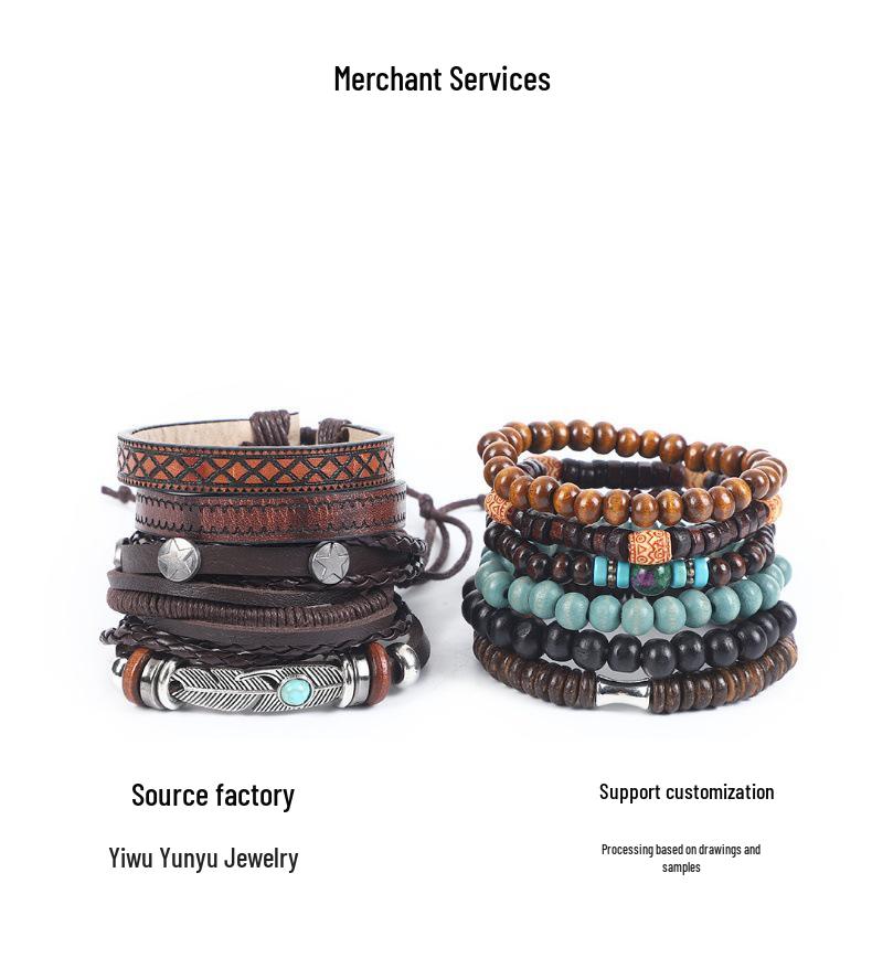 Men's Retro Ethnic Cowhide & Wood Bead Leather Bracelet Set - 11 Handmade Pieces