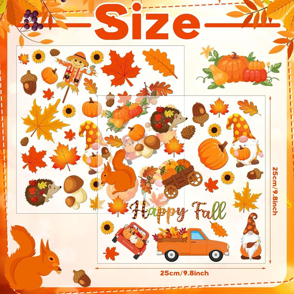 2 Sheet 64 Pcs Thanksgiving Gel Window Clings Fall Thick Gel Cling Removable Reble Autumn Harvest Window Sticker Pumpkin Maple Leaves Gnome Decal for