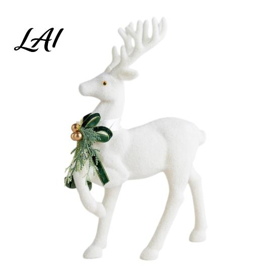 Minimalist White Flocked Ornaments Elk Ornament Ribbon Bell Decor 3D Standing Deer Stable Christmas Figurines Figurine Decorative Accents