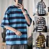 Men Summer T-shirt Striped Color Matching Half Sleeves Round Neck Loose Japanese Style Casual Daily Wear Teenager Streetwear Spring Top