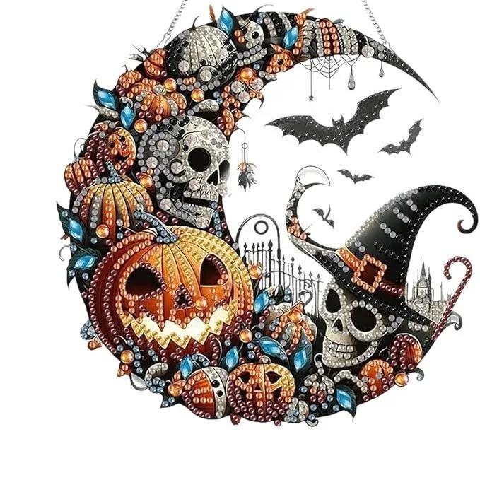 Halloween Diamond Painting Kit - Full Drill Crescent Moon Design with Pumpkin, Skull & Bat Rhinestones, DIY Craft for Beginners