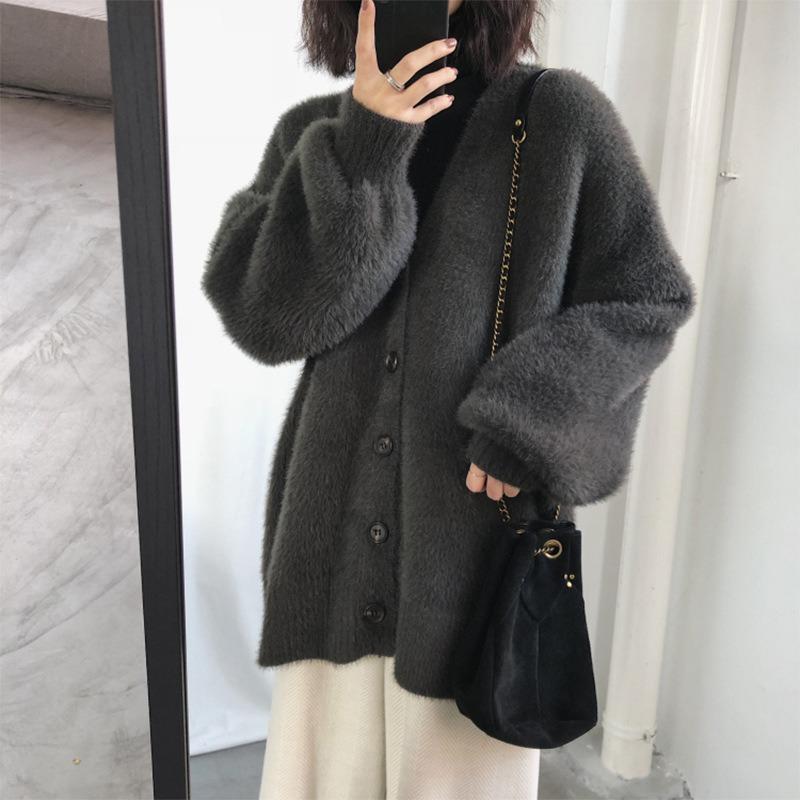 Imitation mink cardigan jacket women's autumn and winter loose new models with thin V-neck knitted sweater seahorse hair
