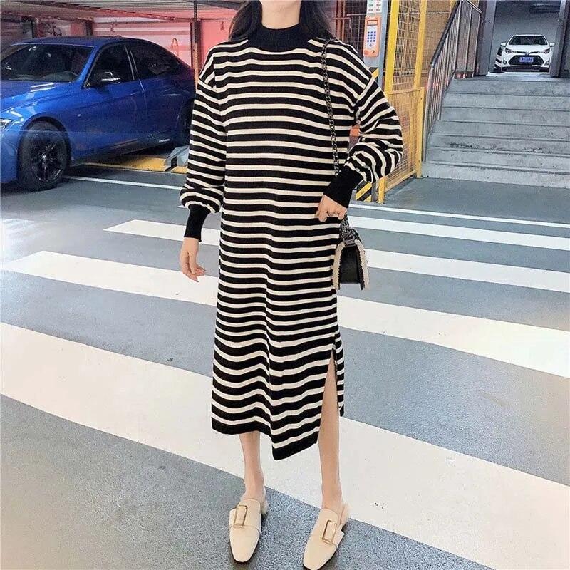 Rolák Pletené šaty Pruhované Dámské Svetr Dlouhý rukáv Volný Rozdělený Spodní Šaty Dojíždění Harajuku Podzim Zima