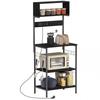 Kitchen Shelf with Power Strip for Microwave with Shelves and Hooks Industrial Style, Wood and Steel, Black