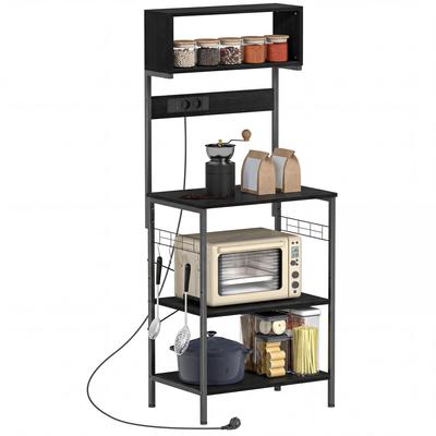 Kitchen Shelf with Power Strip for Microwave with Shelves and Hooks Industrial Style, Wood and Steel, Black