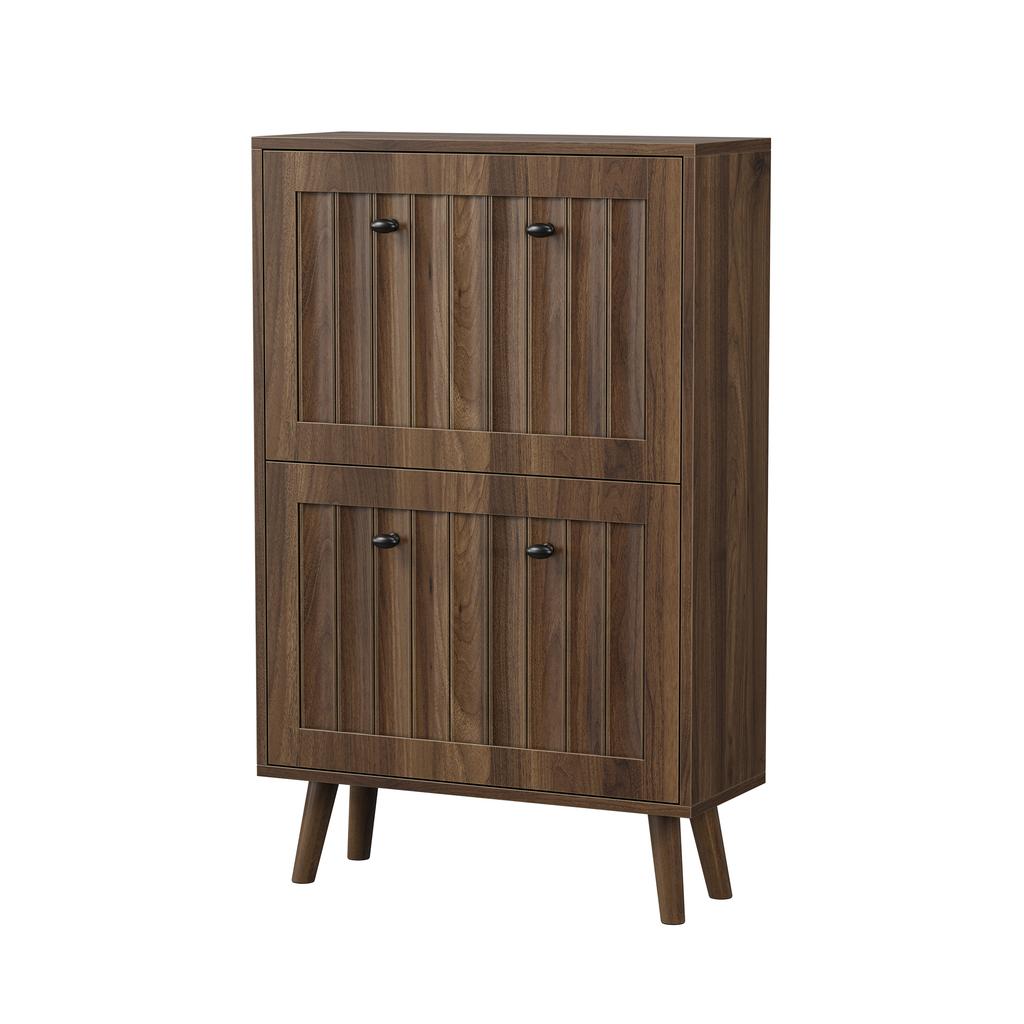 60 Cm High, Walnut-Colored Shoe Cabinet, Vertically Grooved Surface, Mid-Century Style, Suitable for Hallways, Passageways and Entrances.