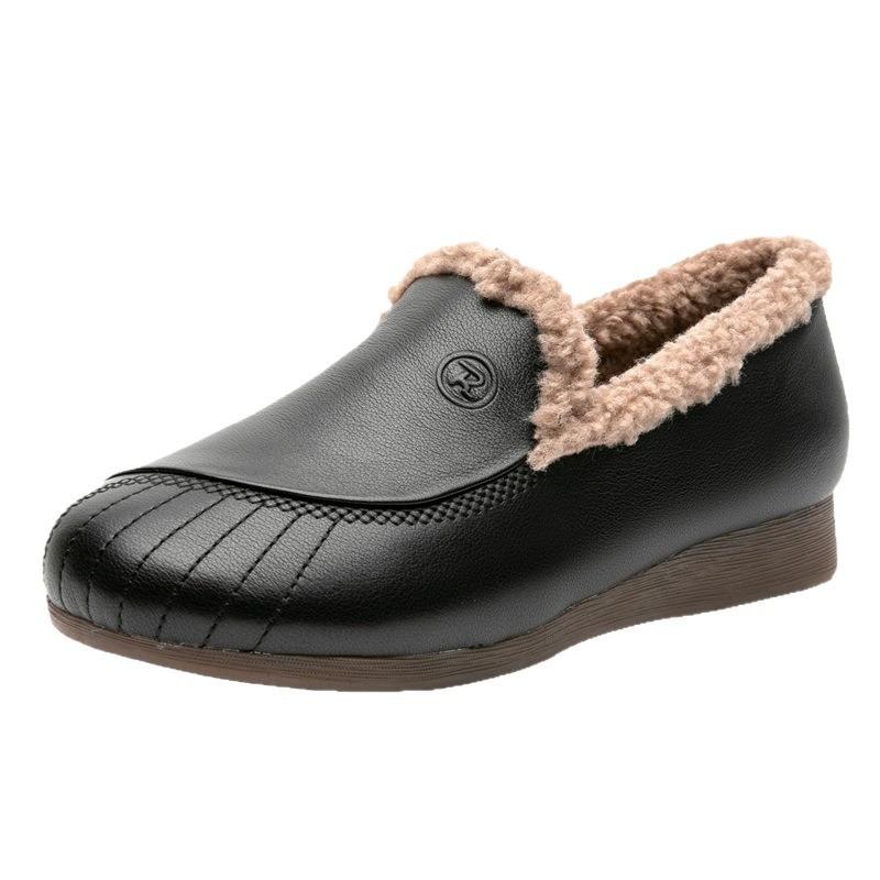 Mom Shoes Autumn and Winter New Cotton Shoes Medium and Soft Soles Comfortable Flat Bottom Leather Warm Fluff Single Shoes Wool Leather Shoes Women