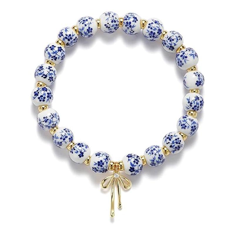 Blau-weiße Porzellanperlenkette für Damen Edelstahl China Keramik Choker Halsketten Weihnachtsgeschenk Schmuckkragen