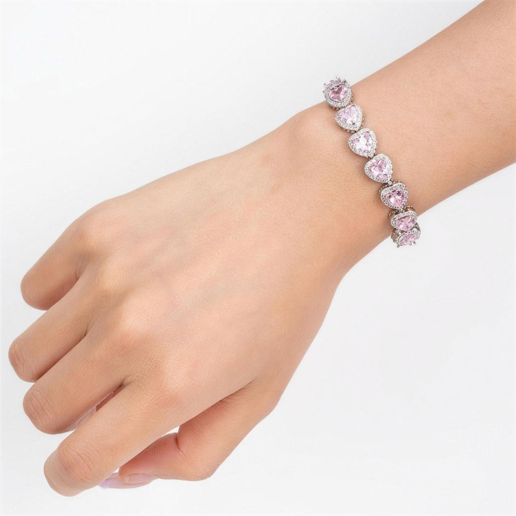 2026 Silver Pink Diamond Heart Bracelet, Full Diamond Crystal Love Jewelry Crystal Bracelet Light Luxury Girly Accessories