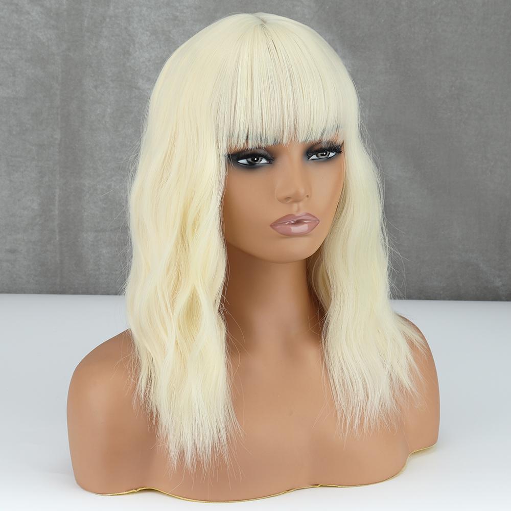 MISS WIG Hellblonde Perücke aus Kunstfaser mit natürlichen Wellen und Pony, für den Alltag, Cosplay, reine Farbe, Blond, Grau, Schwarz, Braun, gewellte Perücke