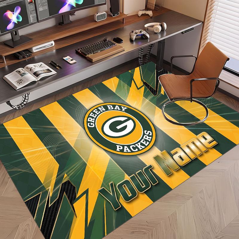 Custom Rug Green Bay Packers Pattern Print Name Text Soft Non‑Slip Floor Carpet for Home Indoor Decoration