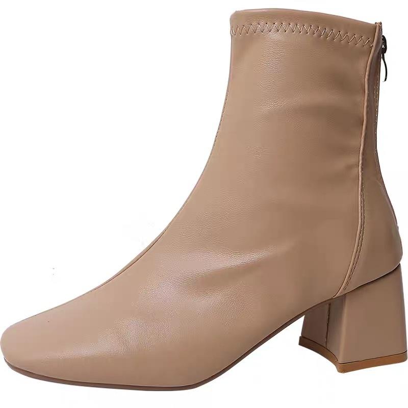Martin Boots Women's British Style Spring and Autumn New Square Head Thick Heel High Heels Women's Boots Chelsea Short Boots