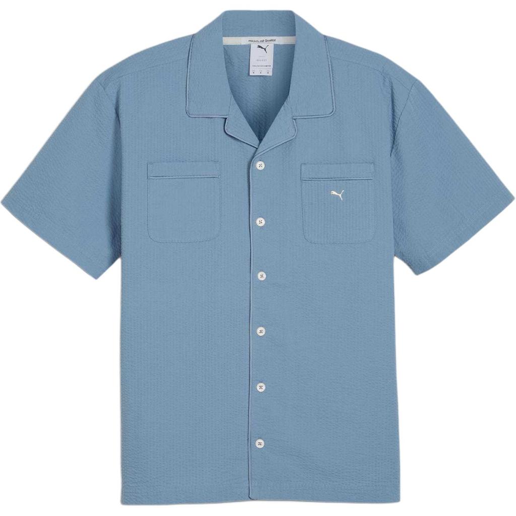 Puma Mmq Series Solid Color Button Minimalist Casual Loose Short Sleeve Shirt Men shirts Zen-Blue 624016-20
