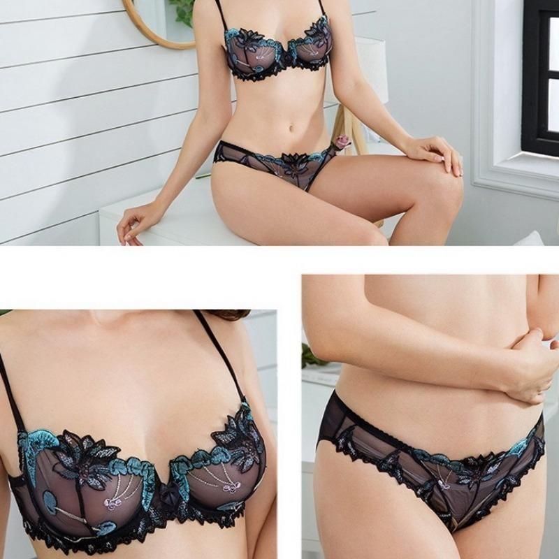 European and American Sexy Lingerie Transparent Mesh Embroidered Bra Set