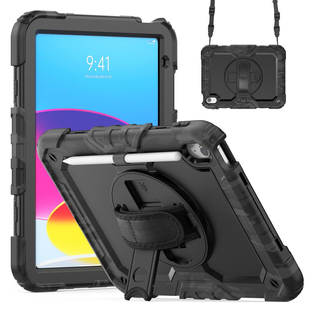 For iPad (2025)/iPad 10.9 (2022) Case Camo Printing PC + Silicone Tablet Cover with PET Film/Shoulder Strap