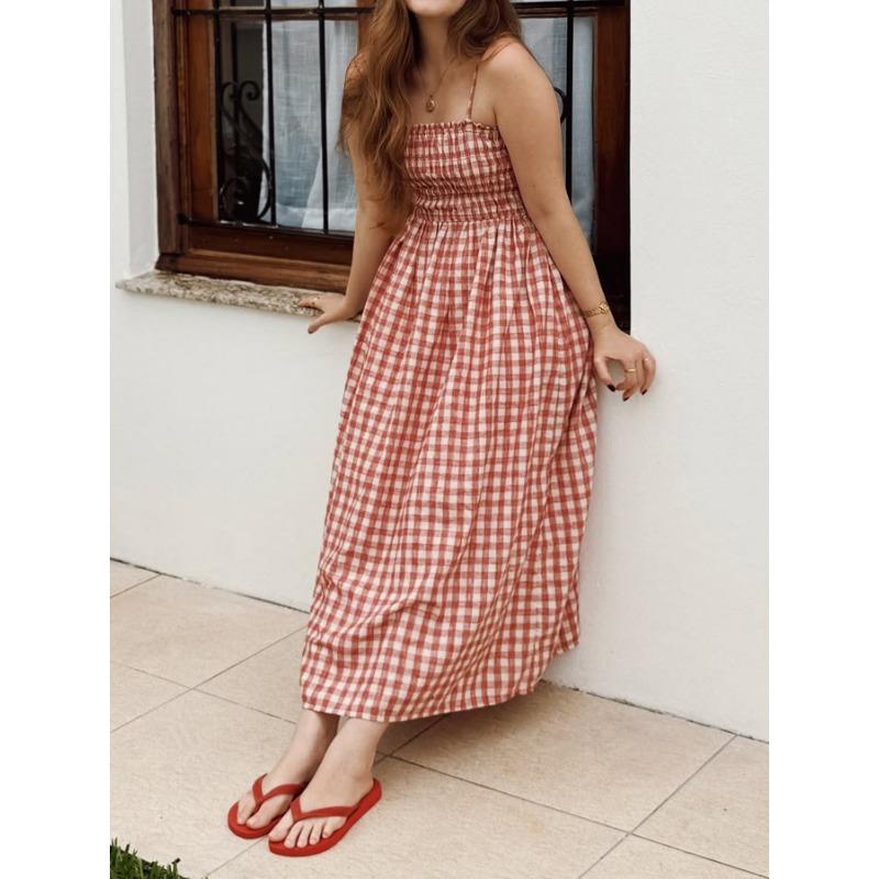 Women Casual Plaid Cinched Waist Spaghetti Strap Long Maxi Dress For Daily Vacation