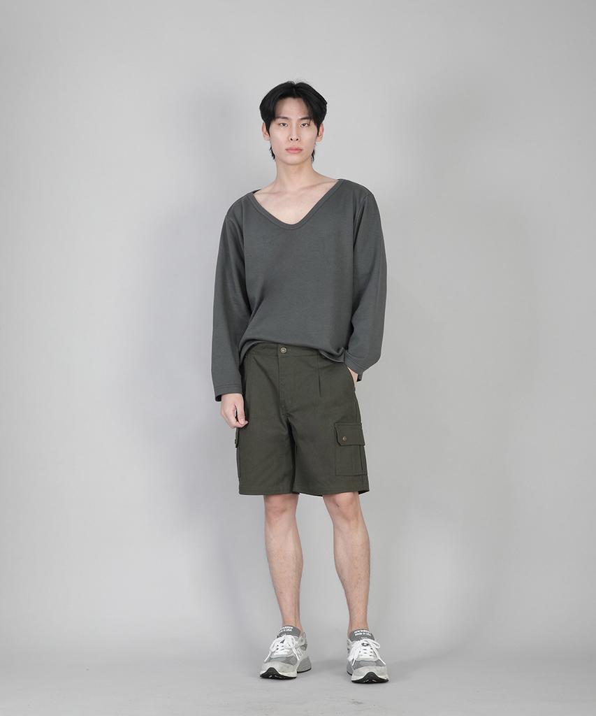 Seinteukeulu Plain Big V-Neck Long Sleeve Tee Bigv-879 Slate Gray