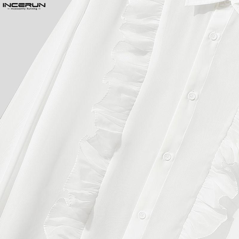INCERUN Oversized Men Lapel Neck Long Sleeve Ruffled See Through Transparent Party Club Loose Shirts