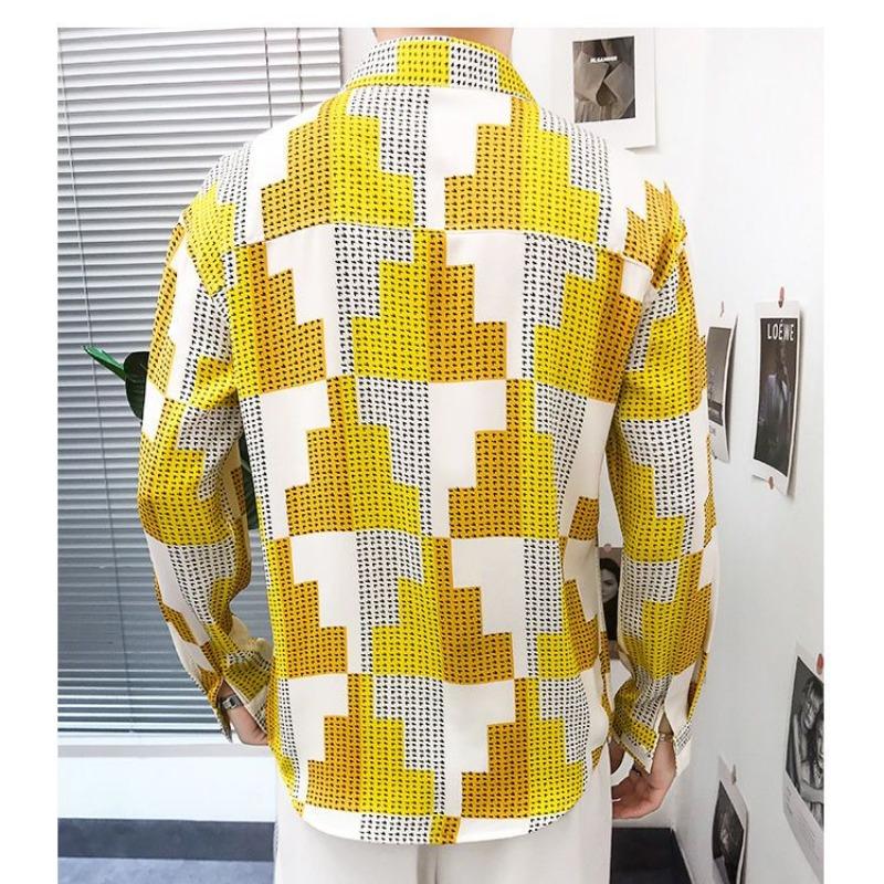 Youth Trendy Geometric Plaid Shirt for Men's Spring and Autumn Square Neck Long Sleeved Thin Button Cardigan Fashion Casual Tops