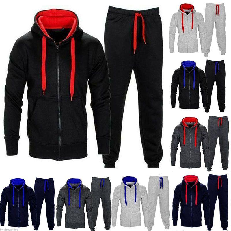 Set Mens Tracksuit Fleece Zip Hoodie Topsbottoms Joggers Gym Jogging Contrast