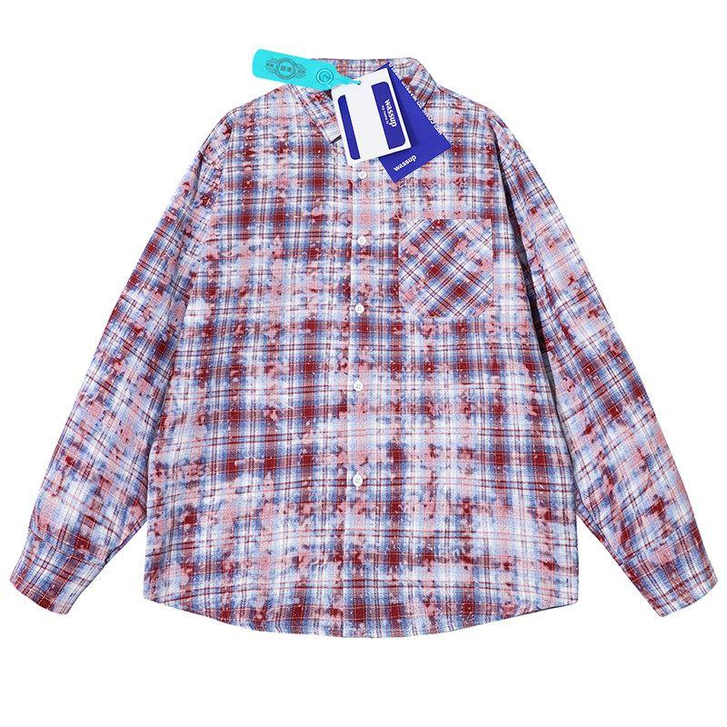 Wassup Trendy Tie-Dye Plaid Shirt for Men, Spring and Summer American Vibe Long-Sleeve Work Shirt, High Street Casual Jacket