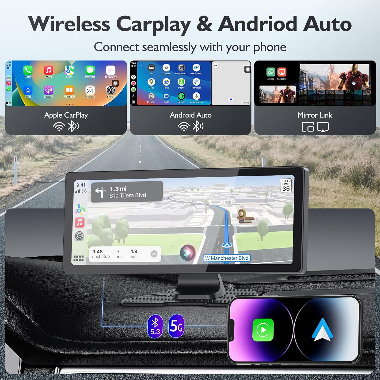 10,26-дюймовый портативный беспроводной экран Carplay для автомобиля, 4K HD сенсорный экран автомагнитолы с Apple CarPlay/Android Auto, 4K видеорегистратор, камера заднего вида 1080P,