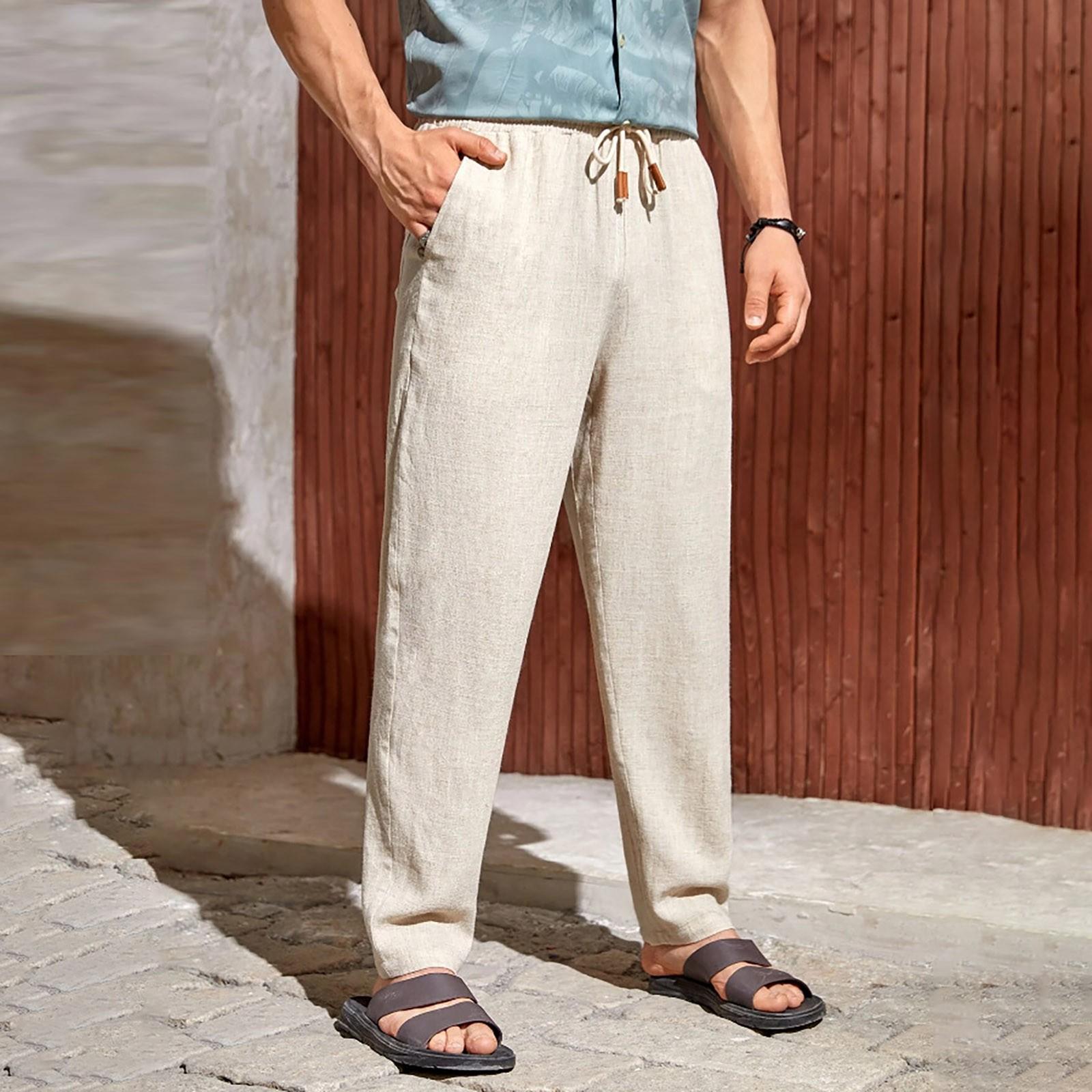 Новые европейские и американские мужские повседневные брюки из хлопка и льна с завязками — фото 7